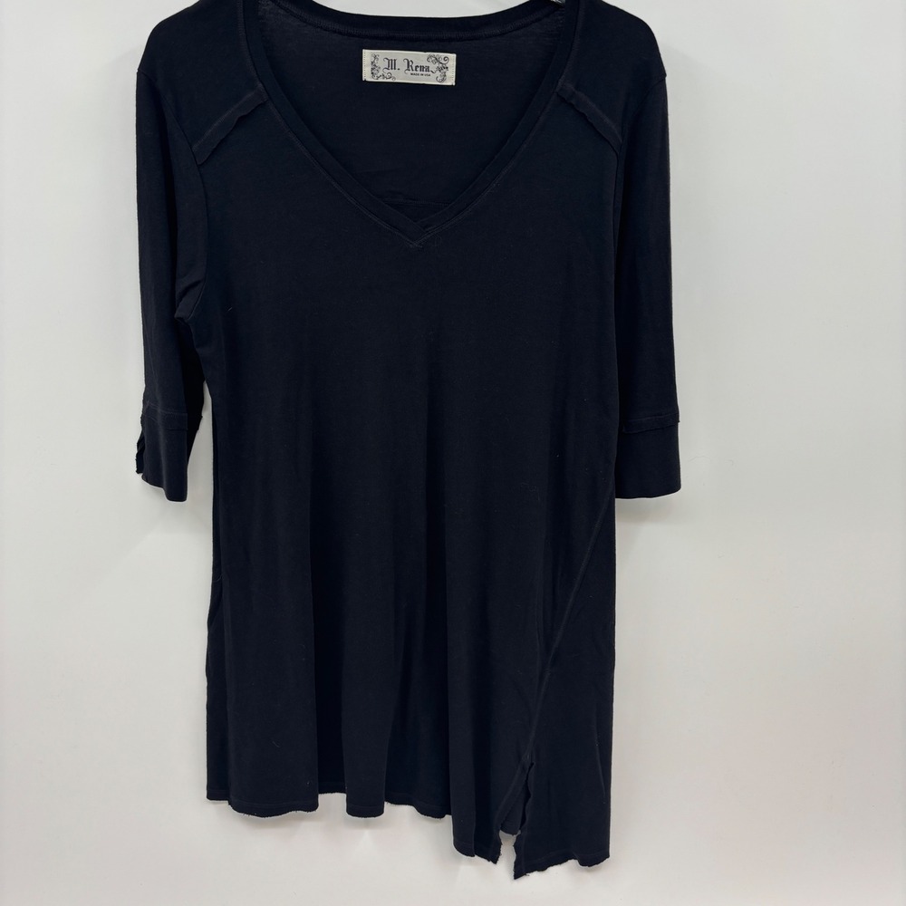 M. Rena USA Tunic Top Women Medium Black V-Neck Asymmetrical Raw Hem